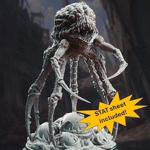 May include: A gray, detailed, 3D printed miniature of a monstrous creature with multiple legs and a large head. The creature is standing over a nest of eggs. The text "STAT sheet included!" is in a yellow starburst.