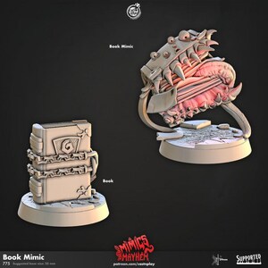 May include: A 3D printed miniature of a book mimic monster, a creature that disguises itself as a book. The mimic is in its open, monstrous form, revealing its sharp teeth and a long, pink tongue. The miniature is painted in a light gray color and is ready to be used in tabletop role-playing games.