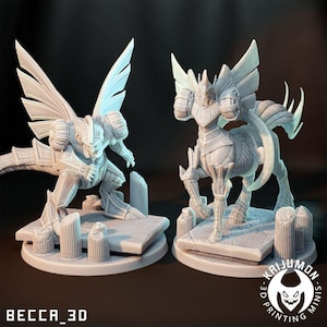 May include: Two detailed, light gray 3D-printed figurines. One is a winged humanoid warrior, the other a centaur-like creature with armor and wings. Both stand on textured bases with pillar-like structures. The text "BECCA_3D" is visible.