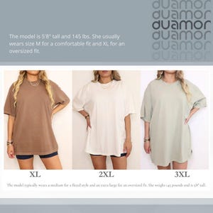 May include: Three oversized t-shirts in different colours: brown, white, and light green. The model is 5'8" tall and weighs 145 lbs. She usually wears size M for a comfortable fit and XL for an oversized fit. The model typically wears a medium for a fitted style and an extra large for an oversized fit. She weighs 145 pounds and is 5'8" tall.