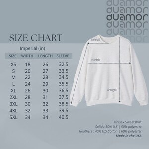 May include: Size chart for a unisex sweatshirt in various sizes, with measurements in inches for width, length, and sleeve length. The chart shows the measurements for sizes XS to 5XL. The sweatshirt is made of 50% U.S. cotton and 50% polyester for solids, and 40% U.S. cotton and 60% polyester for heathers. The sweatshirt is made in the USA.