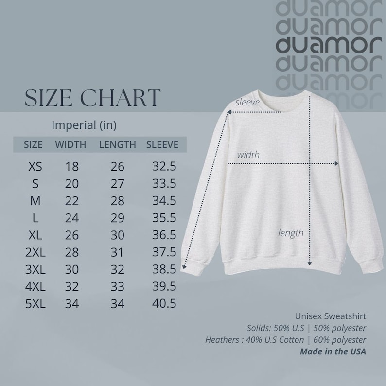 May include: Size chart for a unisex sweatshirt in various sizes, with measurements in inches for width, length, and sleeve length. The chart shows the measurements for sizes XS to 5XL. The sweatshirt is made of 50% U.S. cotton and 50% polyester for solids, and 40% U.S. cotton and 60% polyester for heathers. The sweatshirt is made in the USA.