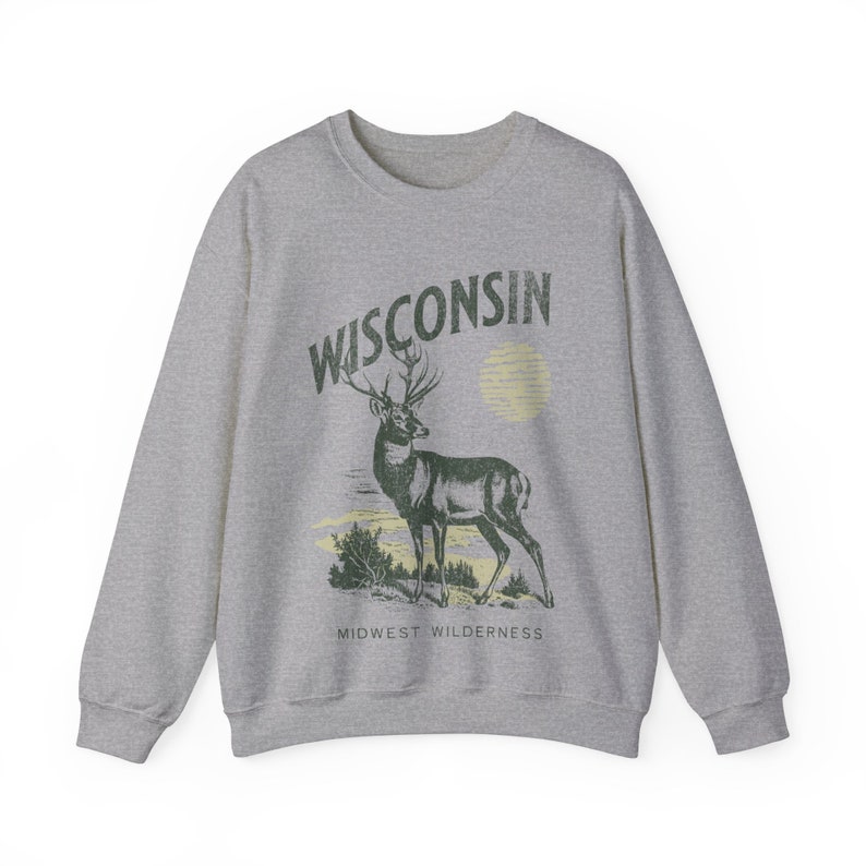 Wisconsin Sweatshirt Midwest Wilderness Sweater Wisconsin Nature Pullover Hiking Crewneck Wisconsin Hunting Gift for Hunter Wisconsin Gift Sweatshirt: Grey