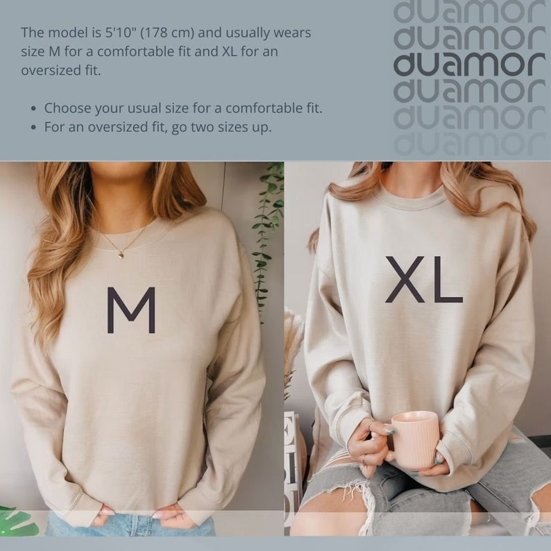 May include: Two beige sweatshirts, one with an "M" and the other with an "XL" printed on the front. The model is 5'10" (178 cm) and usually wears size M for a comfortable fit and XL for an oversized fit. Choose your usual size for a comfortable fit. For an oversized fit, go two sizes up.