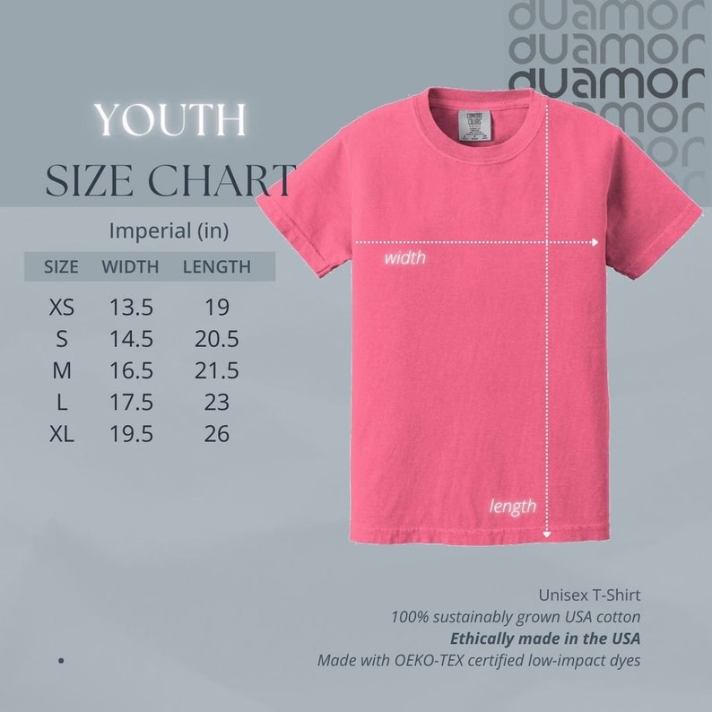 May include: Youth size chart for a pink t-shirt with measurements in inches. The chart shows the width and length of the shirt in different sizes: XS, S, M, L, and XL. The text "Ethically made in the USA" is also included.