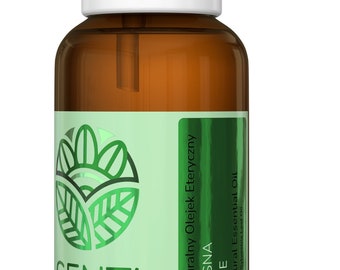 May include: A brown glass bottle of essential oil with a white cap and a light green label. The label features a stylised leaf logo, the brand name SENTI, and the text Naturalny Olejek Eteryczny, SOSNA, PINE, and Pinus Sylvestris Leaf Oil.