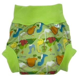 May include: Green and white reusable swim diaper with a dinosaur print. The diaper has a green elastic waistband and green trim around the legs.