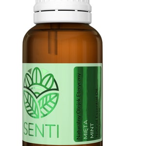 Può includere: Un flacone in vetro marrone con tappo bianco contenente olio essenziale di menta. L'etichetta è verde chiaro con una grafica a foglia verde scuro, il testo SENTI e le parole Naturalny Olejek Eteryczny, MIĘTA, MINT, Mentha Arvensis Oil.