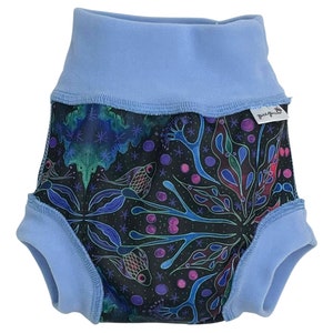 May include: A blue and black patterned reusable swim diaper with a light blue waistband and the text "gulpfruit" on the side.