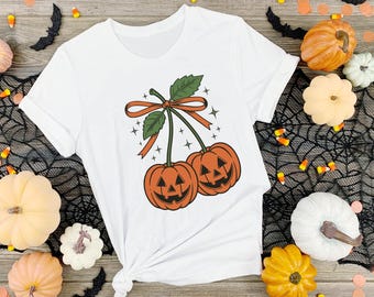 Halloween Pumpkin T Shirt, Pumpkin Cherries Autumn Girly Shirt, Fall pumpkin Shirt, Pumpkin Cheeries Coquette Shirt, Fall Girly Shirt