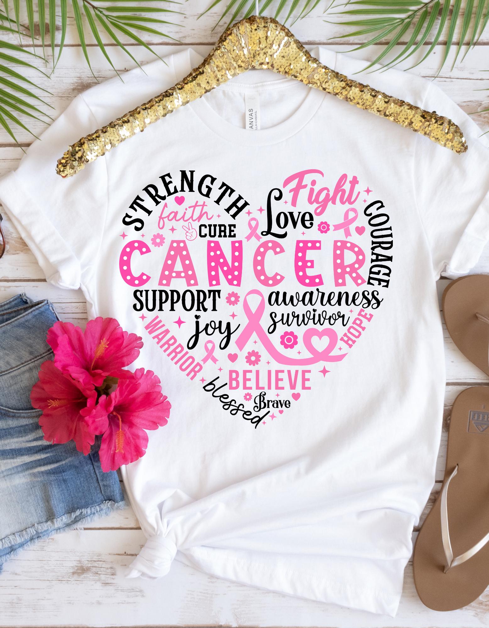 Camiseta de fuerza, lucha, fe, coraje, creencia, alegría, bendición, lucha, camiseta de guerrera contra el cáncer de mama, camiseta de cáncer de mama, equipo de apoyo de lazo rosa