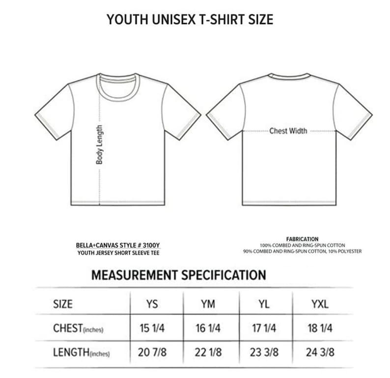 May include: Size chart for youth unisex t-shirts. The chart shows chest and length measurements in inches for sizes YS, YM, YL, and YXL. The fabric is 100% combed and ring-spun cotton or 90% combed and ring-spun cotton, 10% polyester.