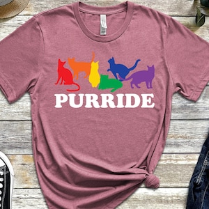 May include: A mauve t-shirt with a rainbow design of cats and the text "Purride" in white.