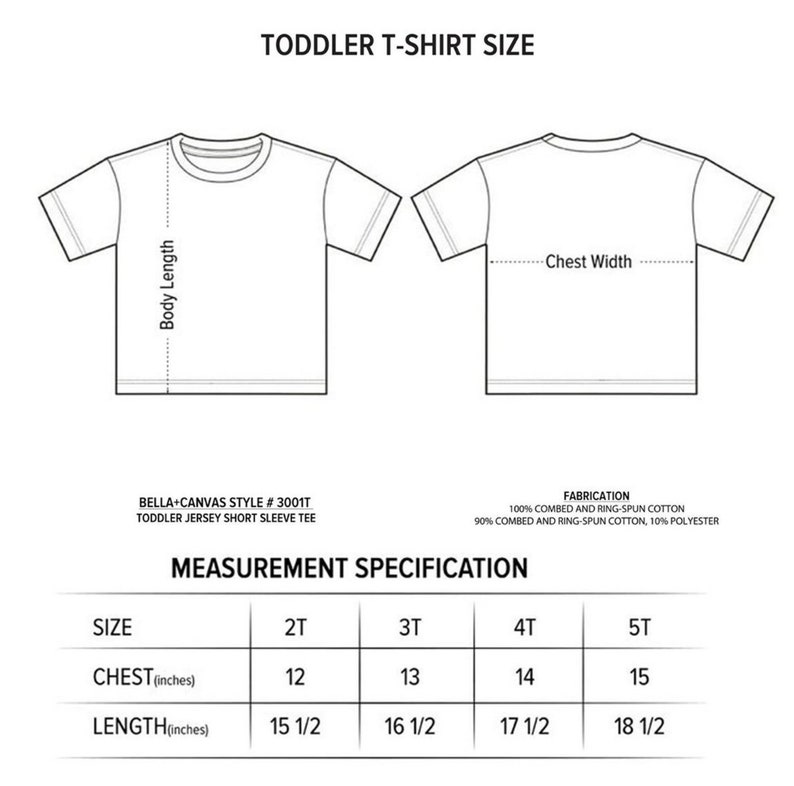 Puede incluir: Tabla de tallas para camisetas de ni&ntilde;o peque&ntilde;o, que muestra las medidas de pecho y largo en pulgadas para las tallas 2T, 3T, 4T y 5T. La tabla tiene el t&iacute;tulo "Talla de camiseta para ni&ntilde;o peque&ntilde;o" e incluye el texto "Bella+Canvas Style # 3001T Toddler Jersey Short Sleeve Tee".