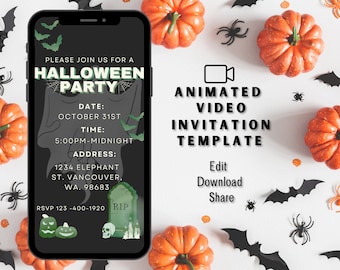 Digital Halloween Party Invitation, Canva template, Costume Party, Animated Invitation, DIY Editable Electronic Phone Text Invite, Spooky