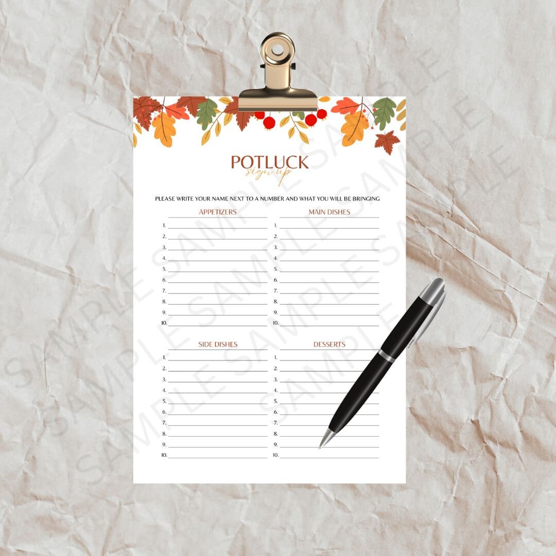 Potluck Sign up Sheet Perfect for Thanksgiving, Event Sign up Potluck