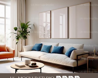May include: A modern living room scene featuring a white sofa with blue cushions, an orange armchair, and three framed artworks. A round coffee table and a potted plant add to the decor. The room has a neutral color palette with natural light.