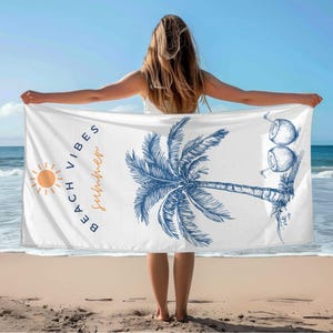 Beach towel with &quot;Beach Vibes Summer&quot; text, vintage palm tree & coconuts sketch, sun icon, tropical boho style, summer beach gift, absorbent