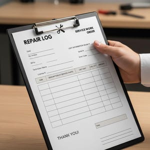 Peut inclure: Un presse-papiers noir avec un formulaire de réparation. Le formulaire comprend des champs pour la date, le numéro de facture, le nom du technicien et une description du service. Le haut du formulaire indique "Service Work Order".