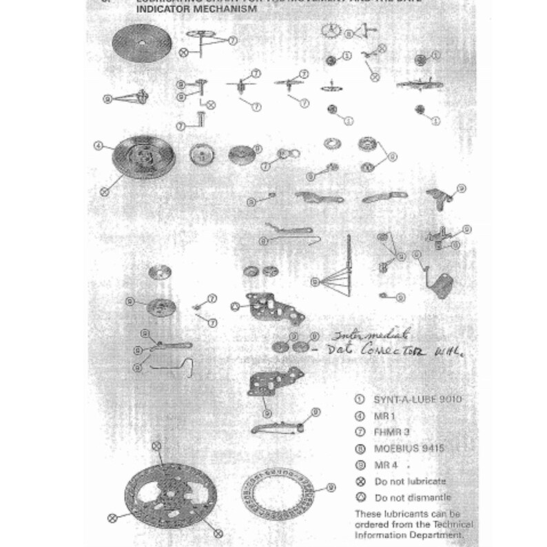 May include: A detailed diagram of watch parts, including gears, springs, and other components, arranged on a white background. The diagram includes text labels and annotations, such as "Indicator Mechanism" and "Dat Connector WHL."