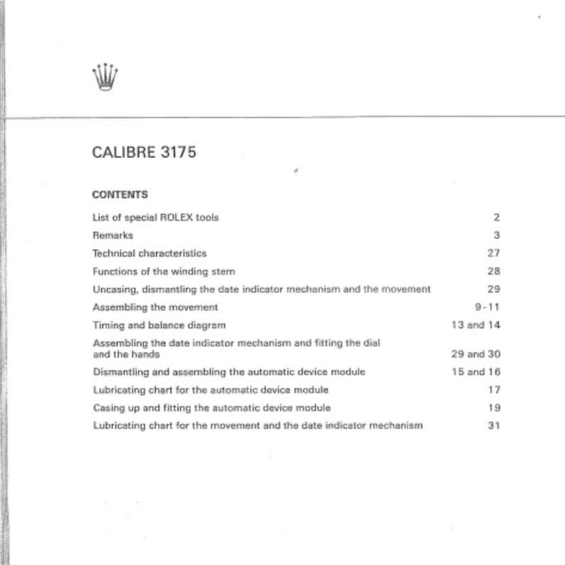 May include: A printed page with the text "CALIBRE 3175" and a list of contents related to watch repair. The list includes topics like "Technical characteristics" and "Assembling the movement."