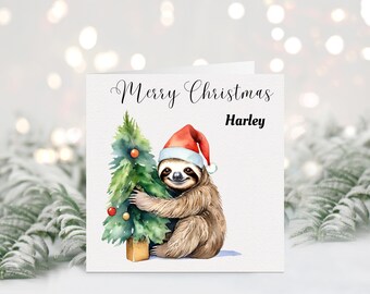 Personalised Sloth Christmas Card, Xmas Greetings Card, Watercolour Sloth Card, Personalized Brother Him Her, Sister, Animal Lover