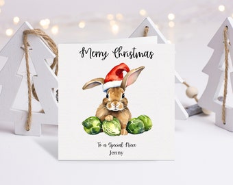 Personalised Rabbit Christmas Card, Xmas Greetings Card, Brussel Sprouts Card, Personalized Brother Him Her, Sister, Animal Lover