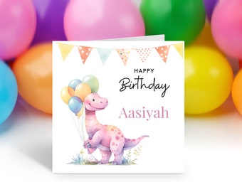 Personalised Dinosaur Birthday Card, Child's Greetings Card, Cute Pink Card, Personalized Dino Girls Kids, Daughter Niece Granddaughter