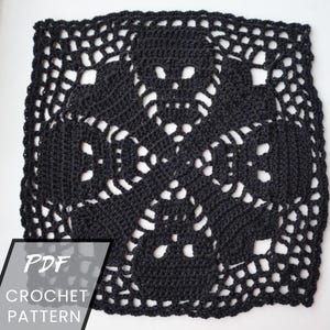 May include: Black crochet skull pattern. The square design features four skulls in the corners and one in the center, connected by a lattice-like pattern. The text "PDF CROCHET PATTERN" is in the lower left corner.