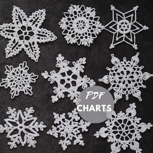 May include: Ten white crocheted snowflakes on a black background. The snowflakes are different sizes and designs. The text "PDF CHARTS" is in the center of the image.