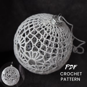 May include: A white, crocheted Christmas ornament with a silver cap and string. The ornament has an open, lacy design. The text "PDF CROCHET PATTERN" is visible in the lower right corner.