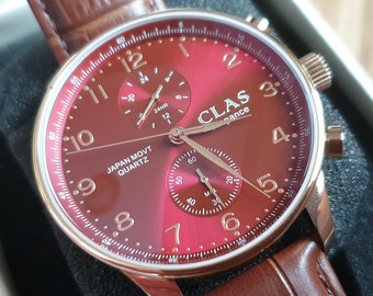 CLAS 41mm dual time watch Wine red - CAN PERSONALISE!
