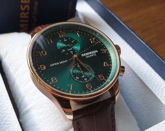 Demirsen Quartz 41mm dual time watch Green/Gold with leather strap - CAN BE PERSONALISED