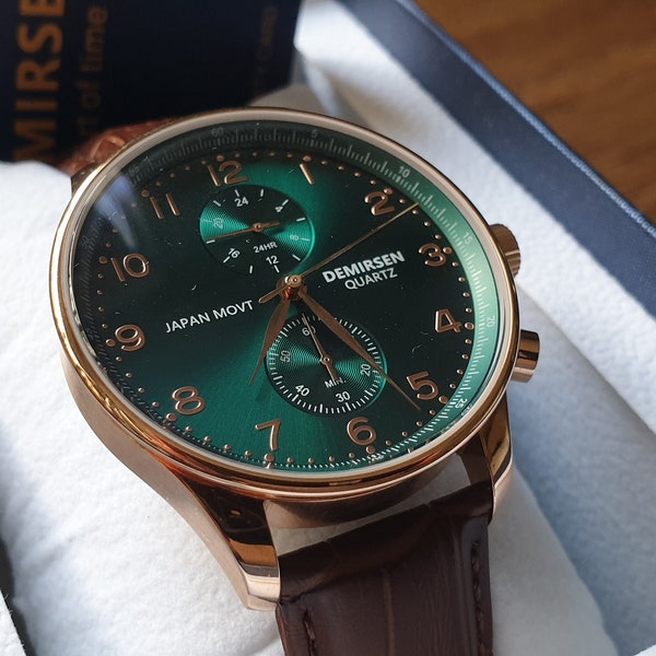 Demirsen Quartz 41mm Chronograph watch with leather strap - Green/Gold - CAN BE PERSONALISED