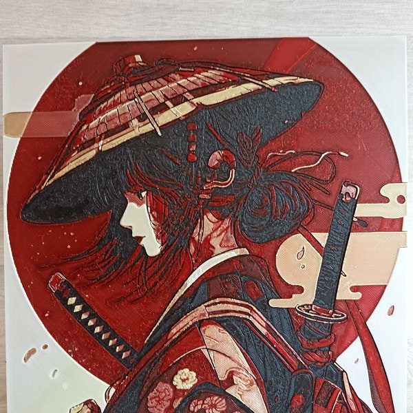 Femme Samouraï au chapeau - Peinture en Filament 3D - Œuvre d'Art originale, tableau Pixel Art