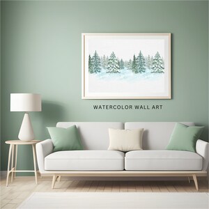 Impresión navideña del bosque de invierno, arte de la pared de la acuarela de los árboles nevados, arte de la pared imprimible, decoración de Navidad, decoración del paisaje de invierno