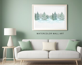 Winter Forest Christmas Print, Snowy Trees Watercolor Wall Art, Printable Wall Art, Christmas Decor, Winter Landscape Decor