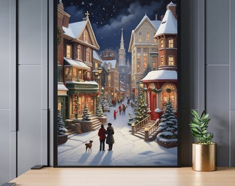 Christmas Village Snowy night Wall Art Winter Print Oil Painting Christmas Prints Seasonal Art Decor Vintage Digital Download Printable