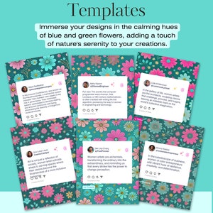 May include: Six Canva Threads templates with a floral background. Each template features a quote about women in various fields, including technology, art, and entrepreneurship. The quotes are displayed in a white box with a blue border.