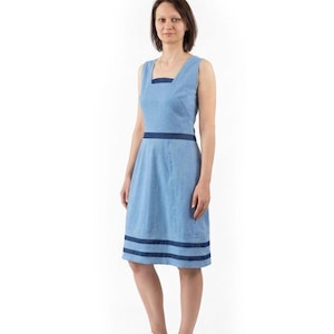blue and white knee length dress Women's Simple Statement Sky Blue and White Stripe Button Front Midi Dress | Size: L
