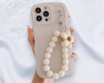 Beige Wave iPhone Case with Floral Beaded Lanyard for iPhone 15 14 13 12 11 XR X XS 7 8 Se Pro Max Plus Shockproof Phone Cover