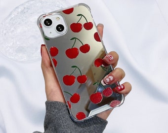 Cherry Print Mirror iPhone Case for iPhone 15 14 13 12 11 Xr X XS 7 8 SE Pro Max Plus Shockproof Phone Cover