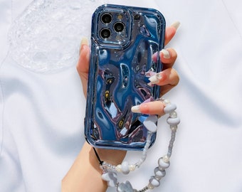 Blue Wavy iPhone Case With Pastel Blue Charm for iPhone 15 14 13 12 11 Xr X XS 7 8 SE Pro Max Plus Shockproof Phone Cover