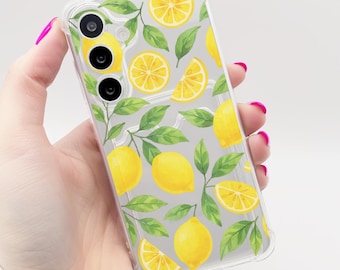 Lemon Pattern Fruit Floral Clear Card Holder Phone Case for Samsung Galaxy S25 S24 S23 S22 S21 + Ultra Plus FE Shockproof Cover Custom Name