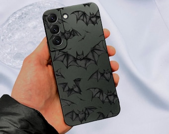 Funda negra con estampado de murciélago para Samsung Galaxy S25, S24, S23, S22 y S21 + Ultra Plus Fe, a prueba de golpes, con nombre personalizado y estampado gótico.