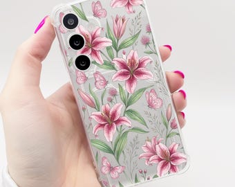 Case for Samsung Pink Flower Butterfly Card Holder Phone Case Galaxy S26 S25 S24 S23 S22 S21 + Ultra Plus FE A16 A15 A14 A56 A55 A54 A53
