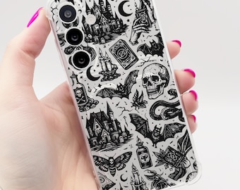 Case for Samsung Black Gothic Pattern Clear Card Holder Phone Case Galaxy S25 S24 S23 S22 S21 + Ultra Plus FE A16 A15 A14 A56 A55 A54 A53