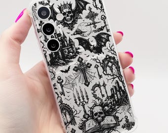 Case for Samsung Black Gothic Pattern Clear Card Holder Phone Case Galaxy S25 S24 S23 S22 S21 + Ultra Plus FE A16 A15 A14 A56 A55 A54 A53