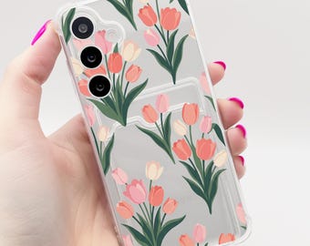 Case for Samsung Large Tulip Pattern Clear Card Holder Phone Case Galaxy S25 S24 S23 S22 S21 + Ultra Plus FE A16 A15 A14 A56 A55 A54 A53