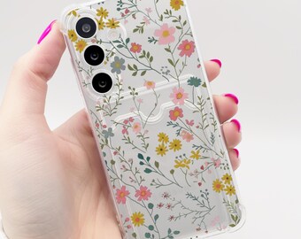 Case for Samsung Dainty Floral Pattern Clear Card Holder Phone Case Galaxy S26 S25 S24 S23 S22 S21 + Ultra Plus FE A16 A15 A56 A55 A54 A53